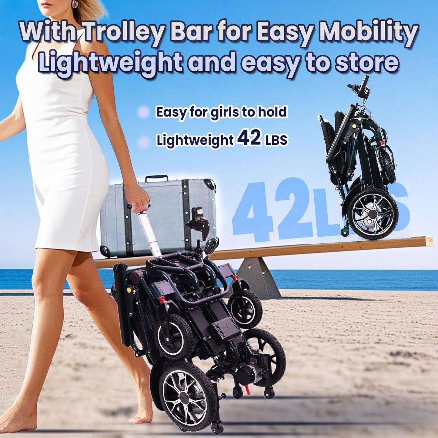 42 lbs Lightweight Electric Wheelchair – Gradient Color, Bluetooth Remote, Dual Batteries, 500W Power, Foldable &amp; Airline Approved