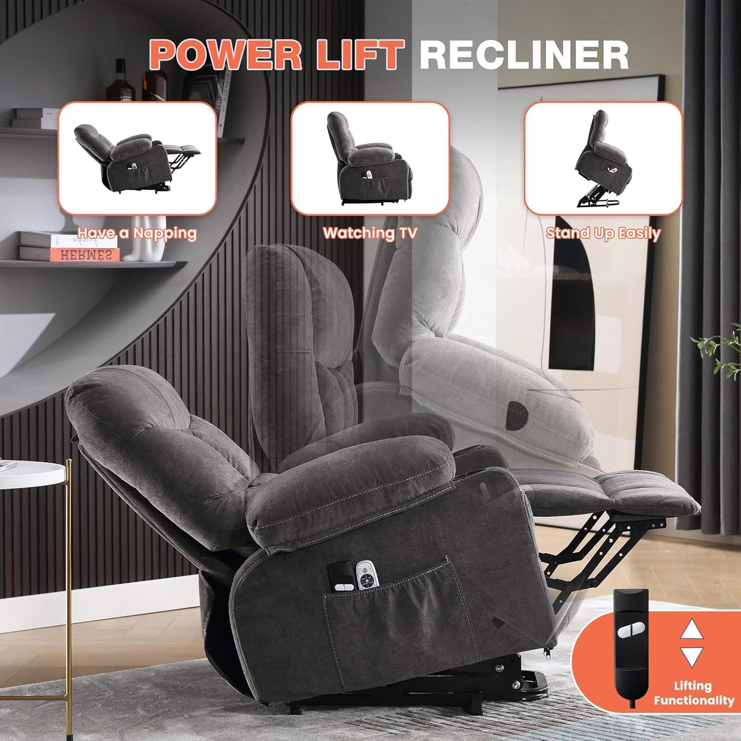 MAHOMICO Power Lift Recliner Chair for Elderly with Vibration Massage and Lumbar Heating, Electric Lift Recliner Single Sofa with Side Pocket, Two Cup Holders and USB Charge Port for Living Room