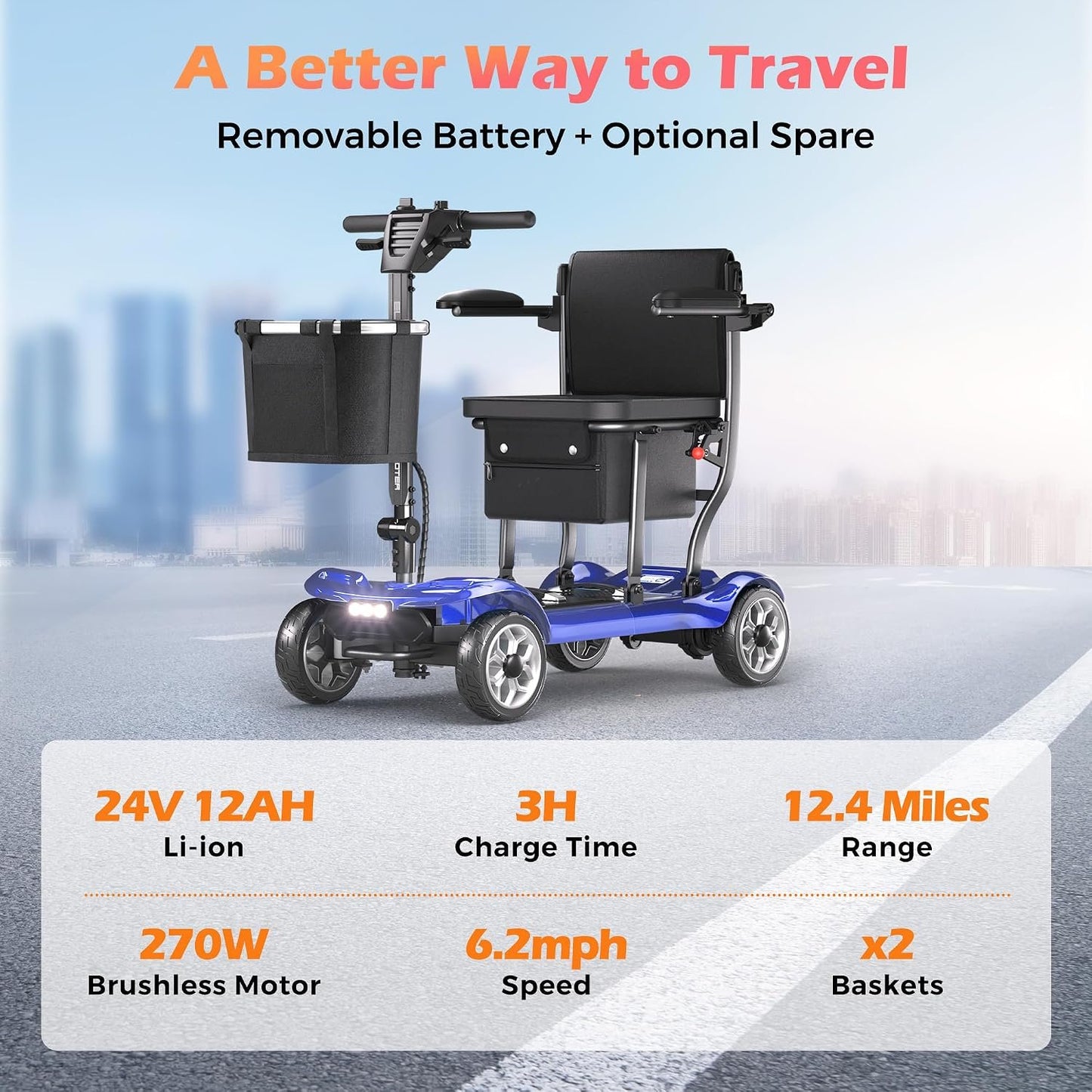 Lightweight Mobility Scooter for Adults &amp; Seniors - Cruise &amp; Airport Approved, 43lb Foldable Portable Motorized Scooters with Removable Lithium Battery for 12.4 Miles Travel, 300lb Capacity, Blue