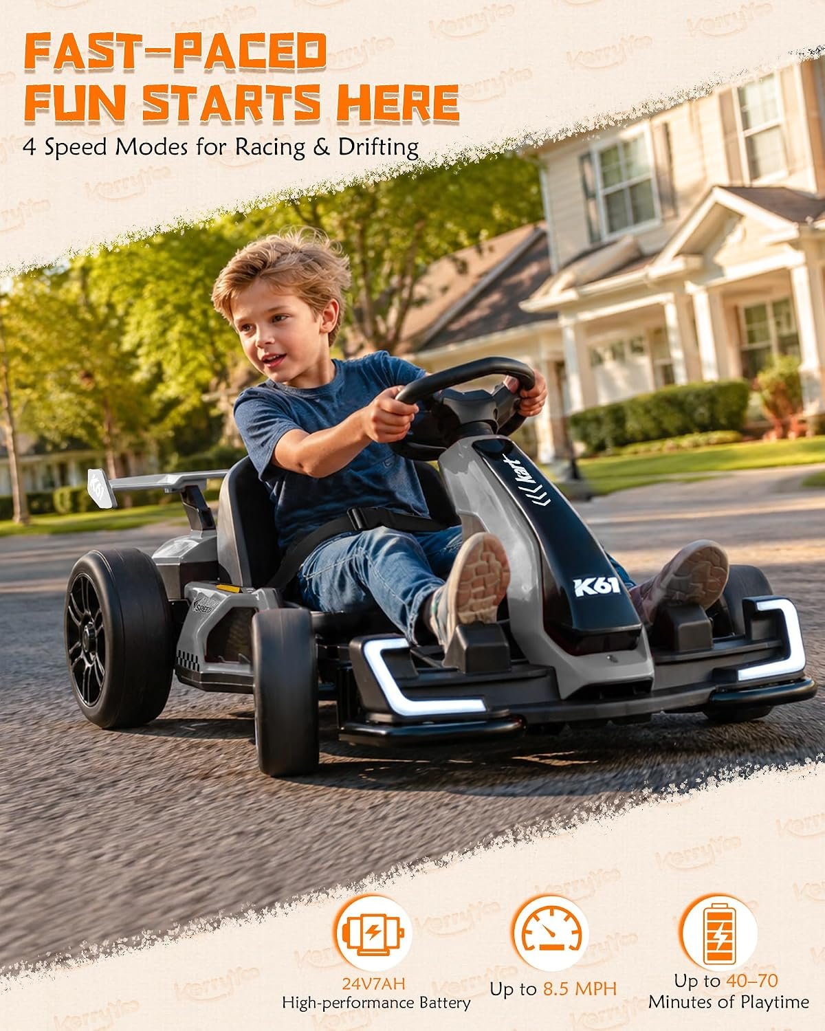 KerryYoo K61 Go Kart Electric Drift Kart with Length Adjustable Seat, 24V Outdoor Ride on Toy with 4 Speed Mode, Crazy Kart for Kids 6-12 Years Old, Fast 300W Motor, 8.5 MPH, Bluetooth - Gray