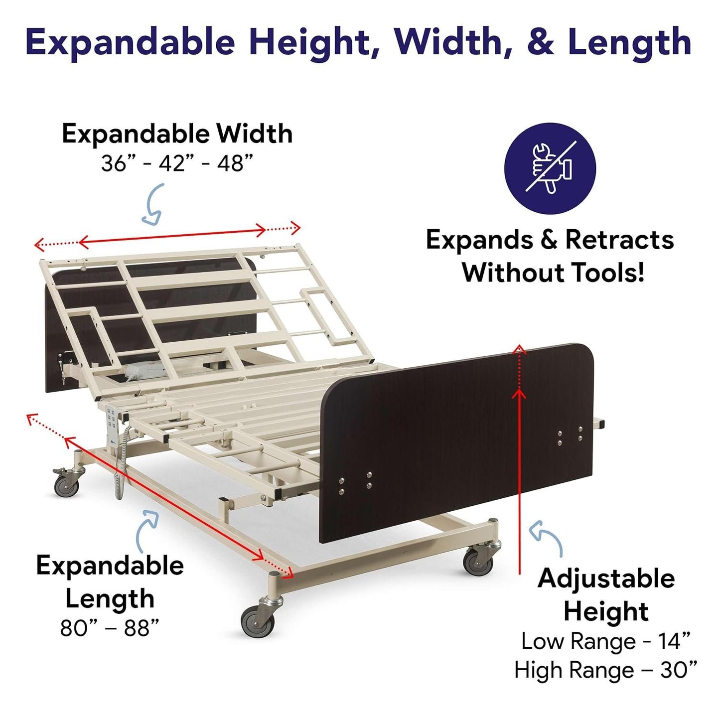 Ultra Wide Adjustable Hospital Bed With 48" Foam Mattress - 14"-30" Height Range, 36”-42”-48” Width Range, 80”-88” Length Range - Full Electric Bariatric Medical Bed, 8 Function Hand Pendant -Mahogany