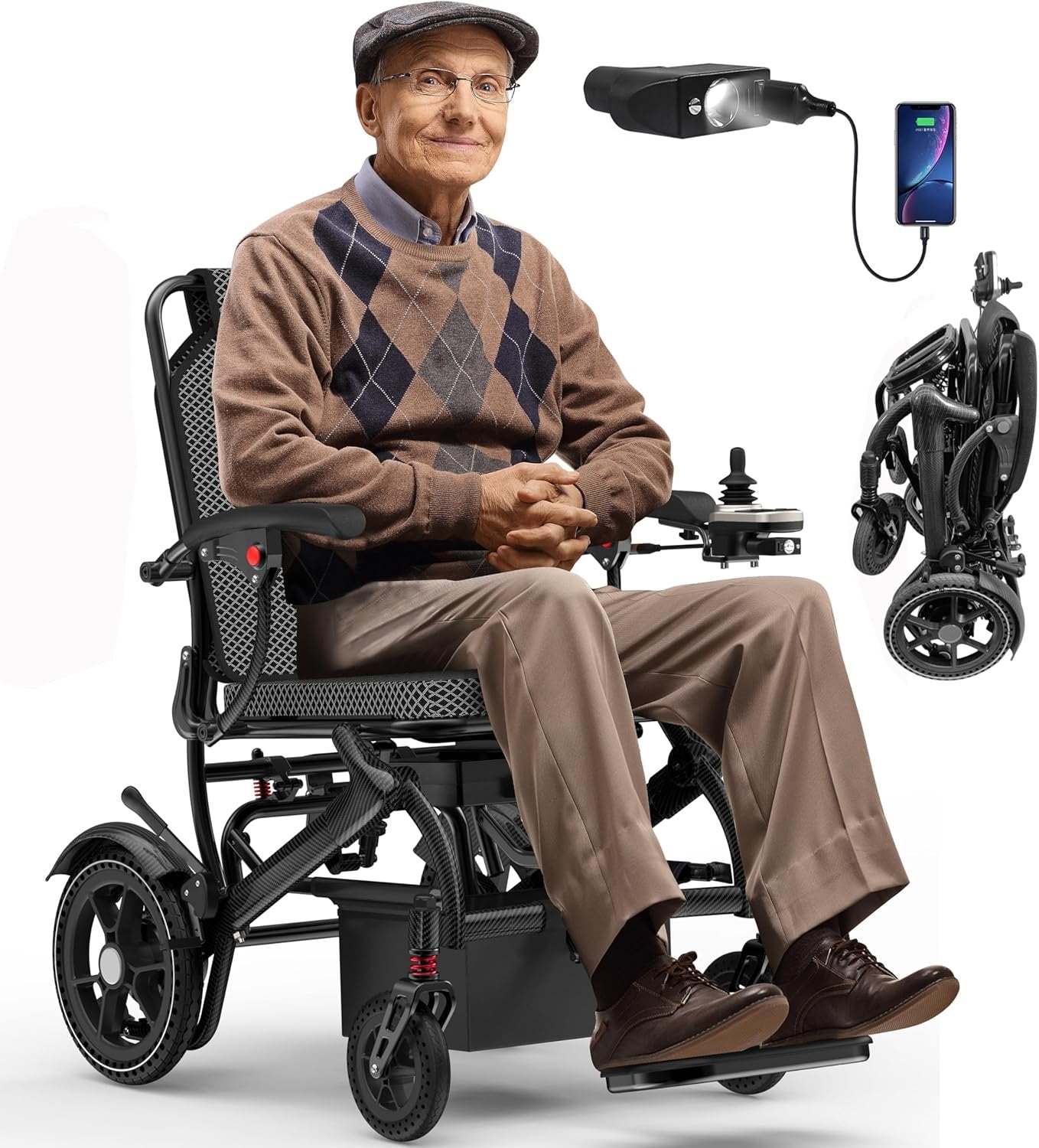 Electric Wheelchairs for Adults Foldable 36LBS Lightweight Frame Airline Approval,15 Miles Range, Max Support 350 LBS, 500W Brushless Motors with LED Light-Silver Color