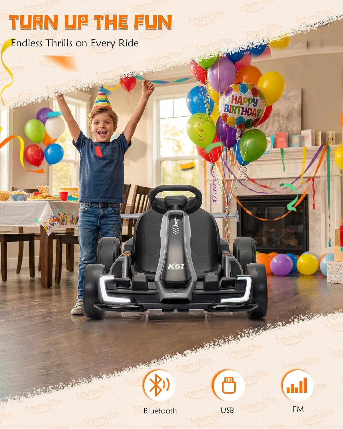 KerryYoo K61 Go Kart Electric Drift Kart with Length Adjustable Seat, 24V Outdoor Ride on Toy with 4 Speed Mode, Crazy Kart for Kids 6-12 Years Old, Fast 300W Motor, 8.5 MPH, Bluetooth - Gray
