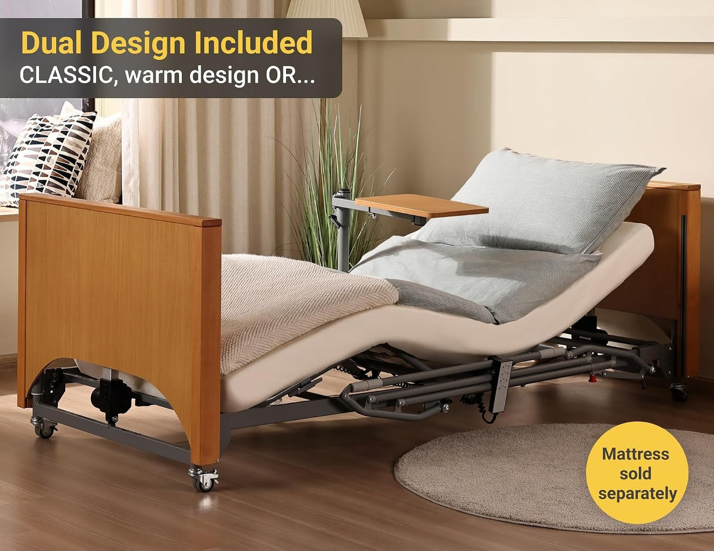 Electric Hospital Bed for Home Use – 5 Functions, Advanced German LIMOSS Motor, Ultra-Low 8.5"–25" Adjustable Height, Double Solid Wood Panels with Medical Overbed Table &amp; Foldable Rails