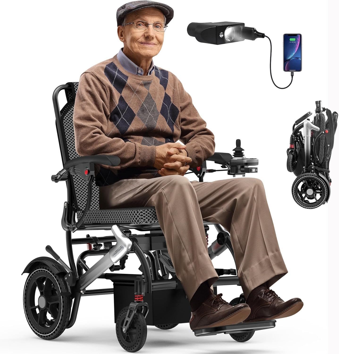 Electric Wheelchairs for Adults Foldable 36LBS Lightweight Frame Airline Approval,15 Miles Range, Max Support 350 LBS, 500W Brushless Motors with LED Light-Silver Color
