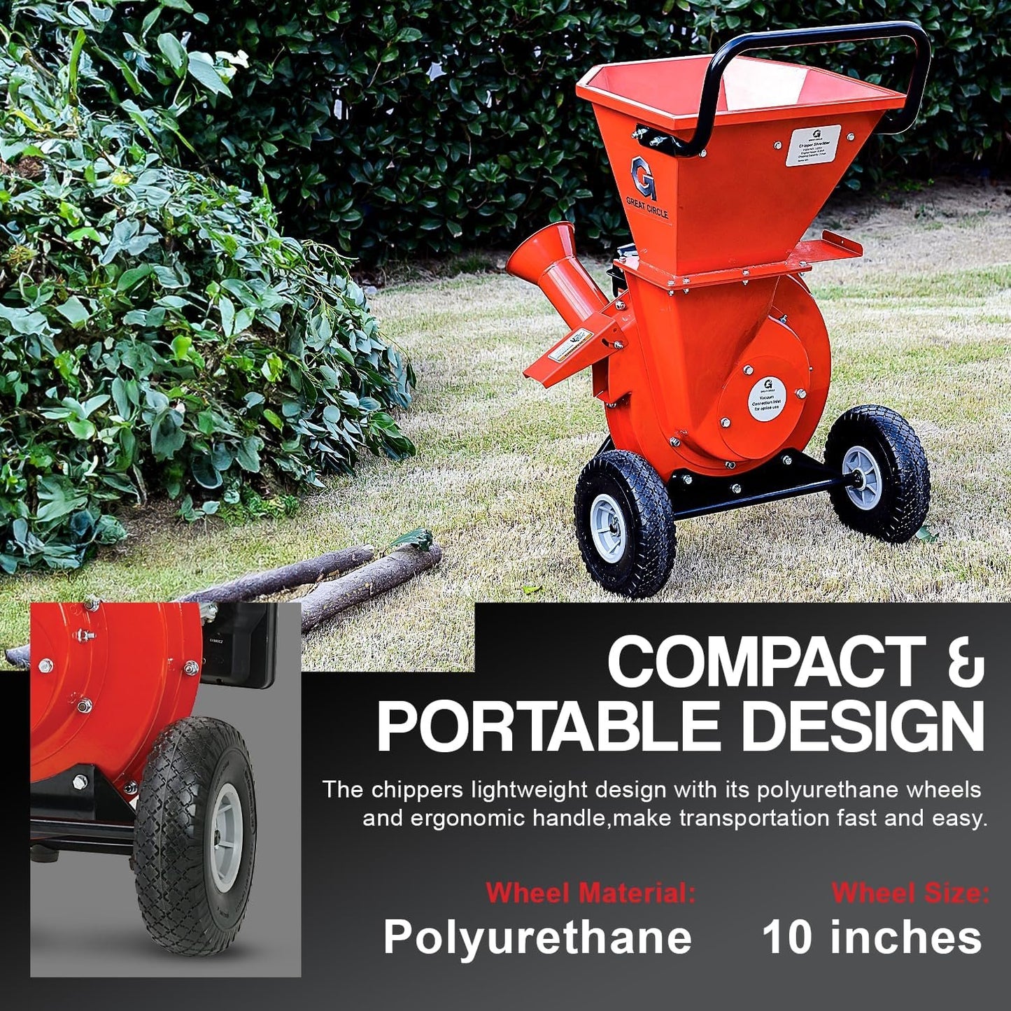 GreatCircleUSA Gas Wood Chipper Shredder Mulcher, 3" Max Diameter, 3-in-1, EPA/CARB Certified