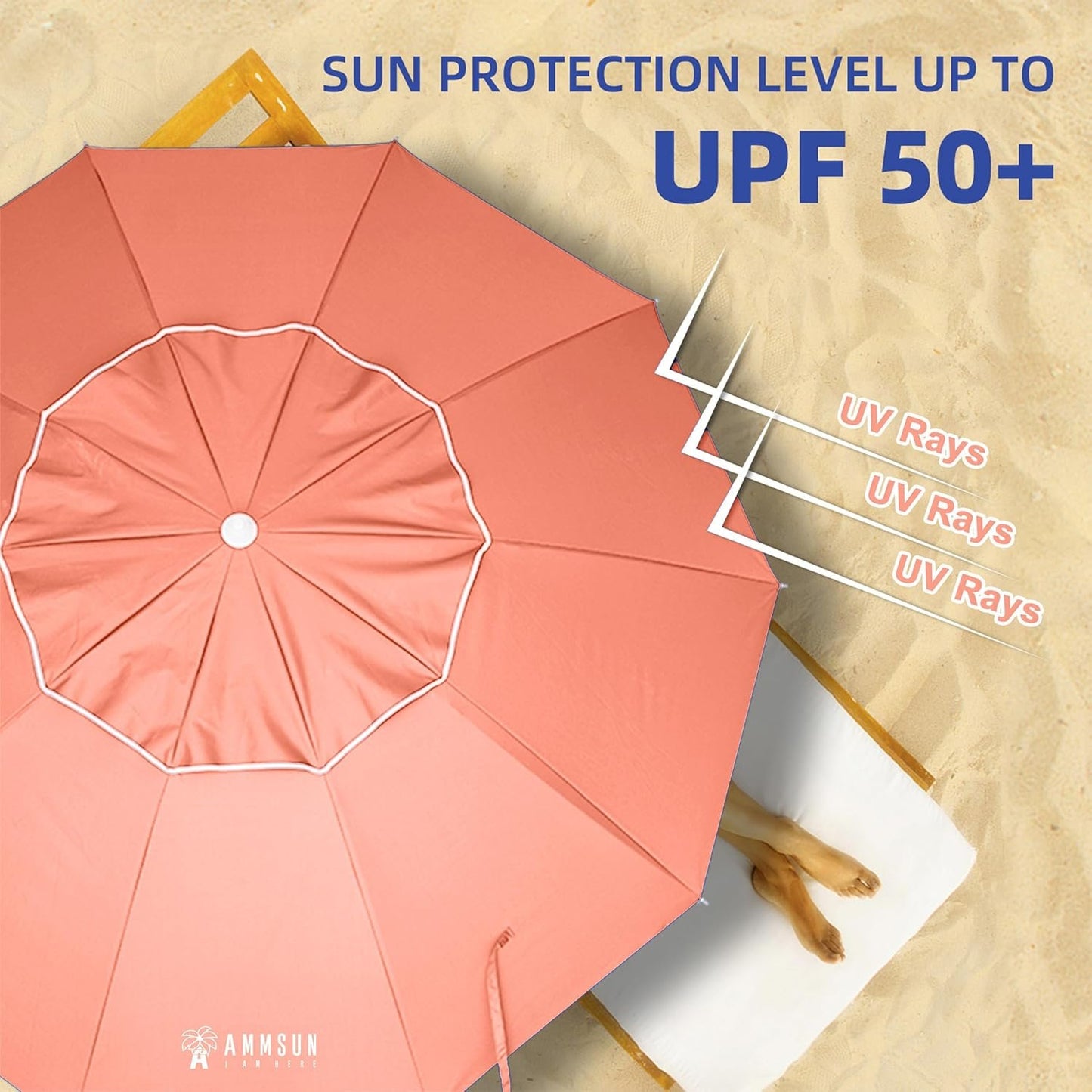 AMMSUN 8FT Beach Umbrella – Tilt, Sand Anchor, UPF 50+ UV Protection