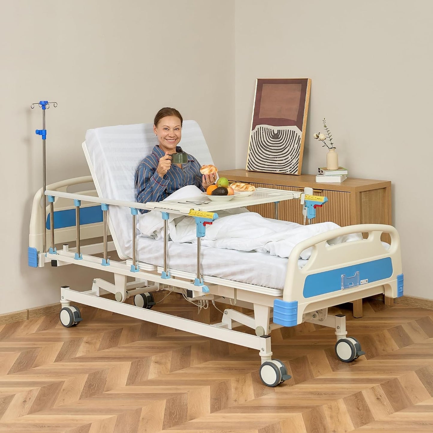 Real Relax Premium 3 Function Full Electric Hospital Bed (with Mattress &amp; IV Pole), Premium Medical Hospital Beds, with Locking Casters, Motor, 530LBS Loading, Includes Sheets (2X)
