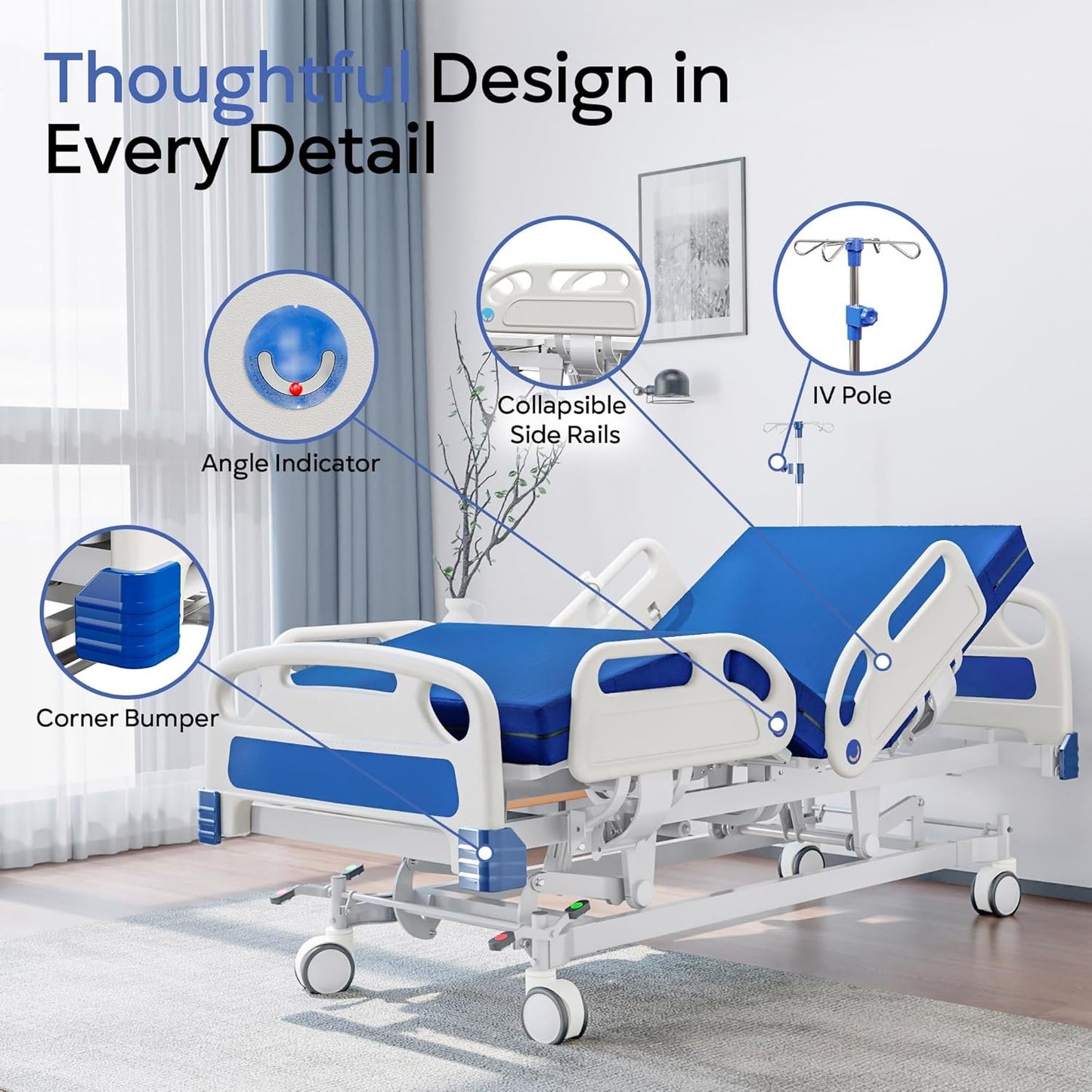 Premium Full Electric Hospital Bed for Home Use, 5 Function Medical Bed with 4.7” Foam Mattress, Height Adjustable, Central Locking System, Includes Sheets (2X) (5 Function)