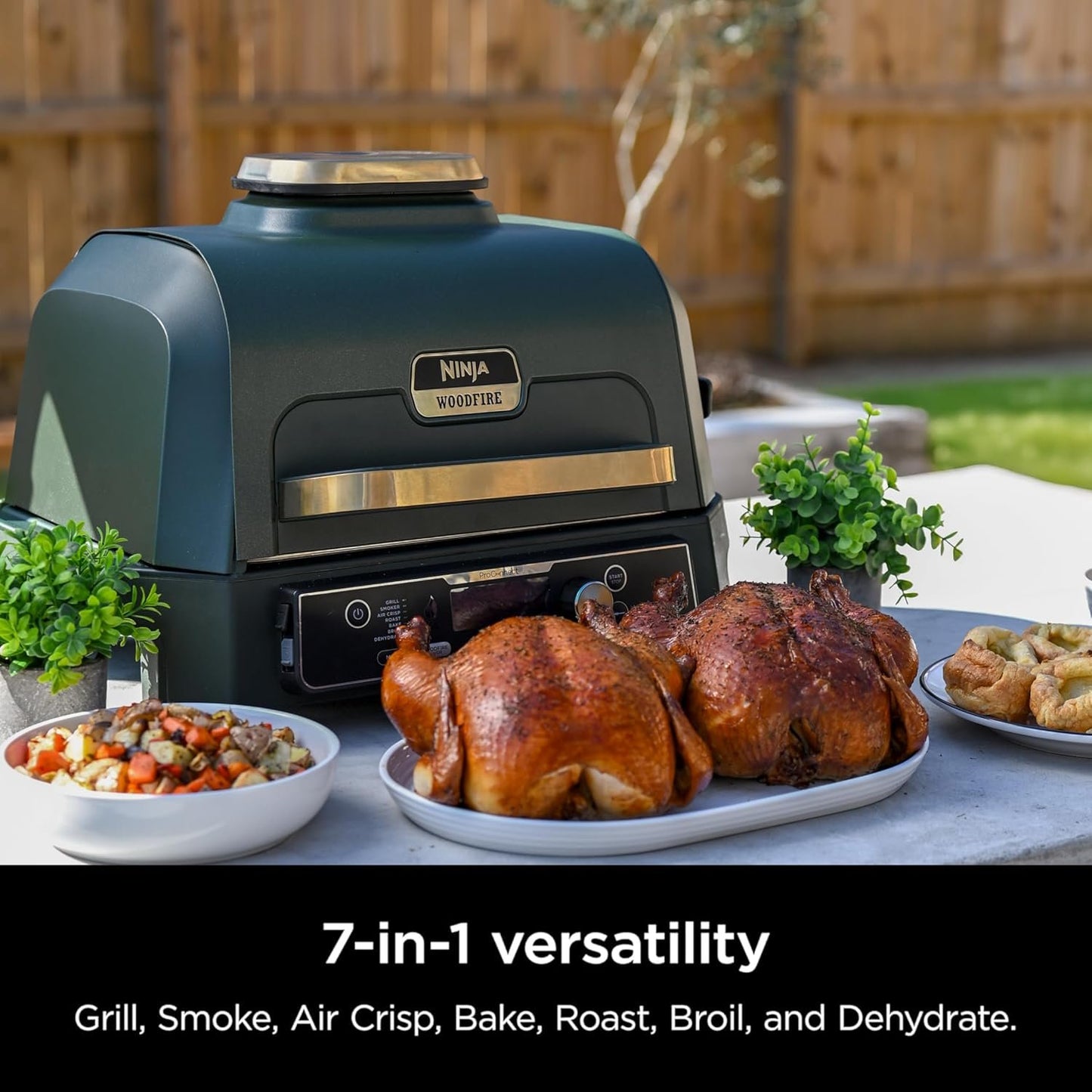 Ninja Woodfire Pro Connect XL Outdoor Grill & Smoker | Bluetooth, App Enabled | 7-in-1 Grill, BBQ Smoker, Outdoor Air Fryer | Woodfire Technology | Built-In Thermometer | Green & Gold | OG951GN2