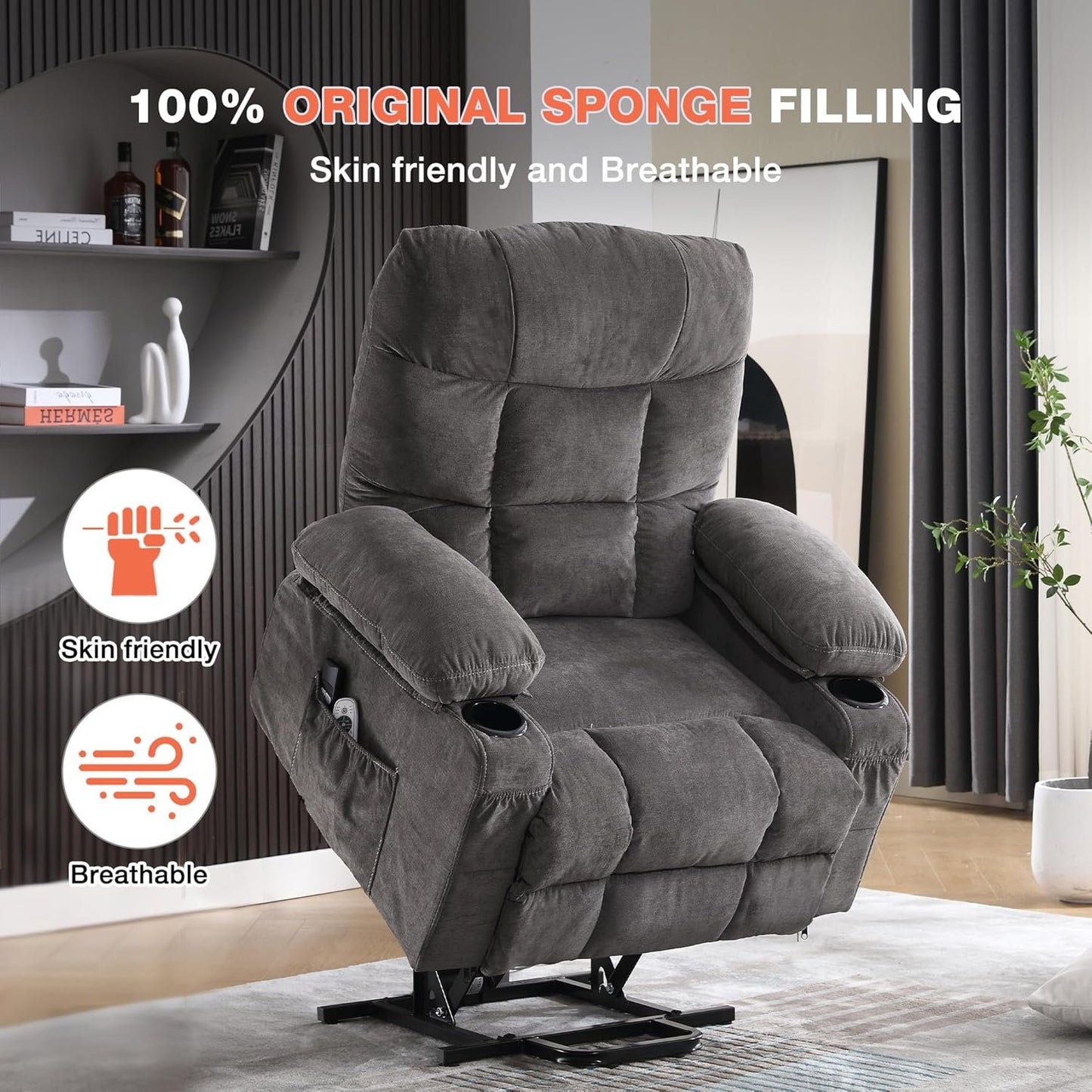 MAHOMICO Power Lift Recliner Chair for Elderly with Vibration Massage and Lumbar Heating, Electric Lift Recliner Single Sofa with Side Pocket, Two Cup Holders and USB Charge Port for Living Room