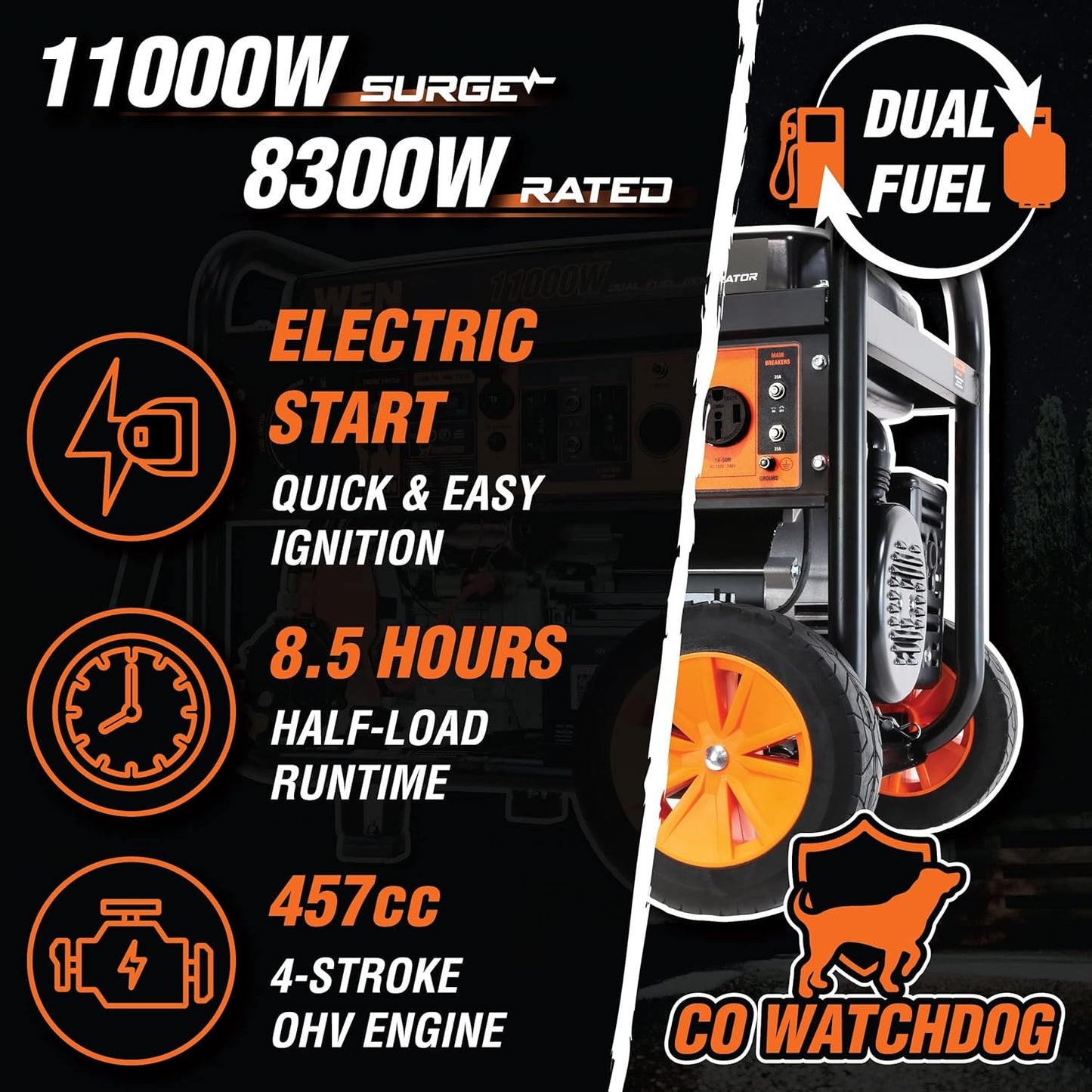 WEN 11000W Dual Fuel Portable Generator 120V/240V Electric Start Wheel Kit DF1100T