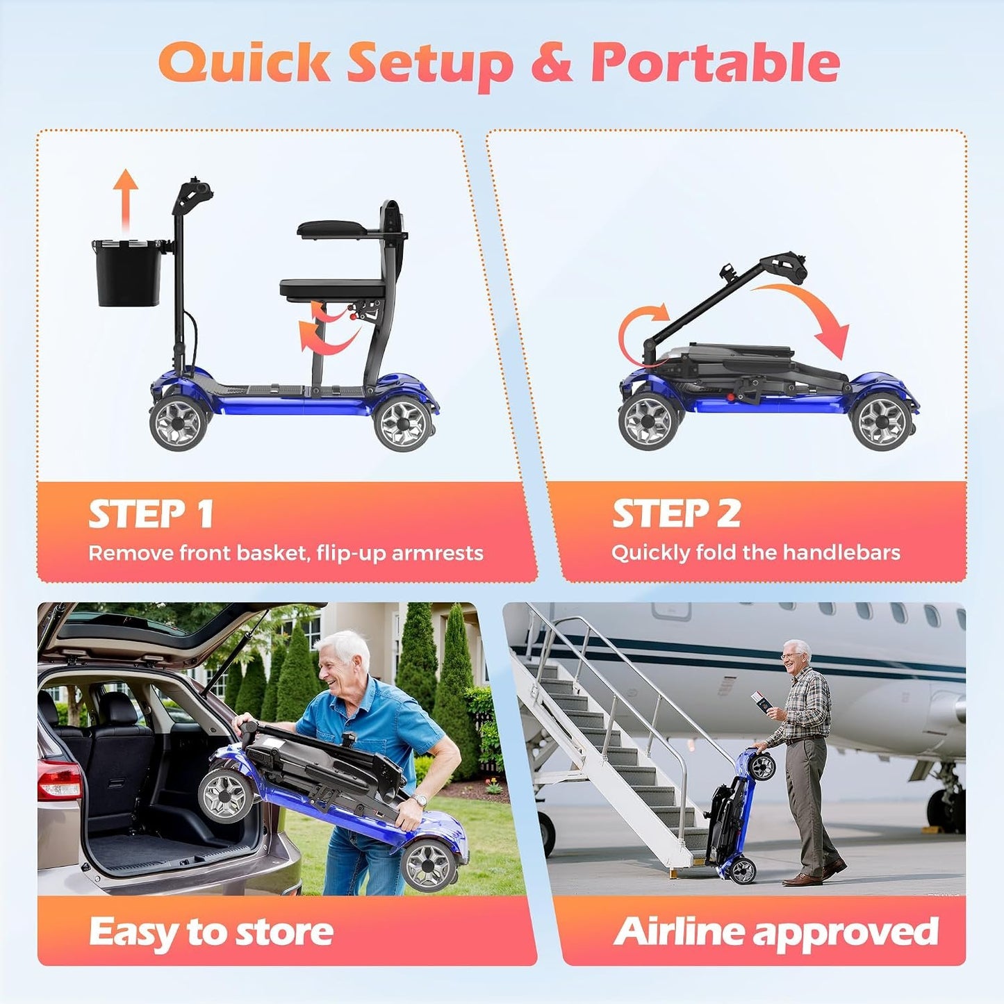 Lightweight Mobility Scooter for Adults &amp; Seniors - Cruise &amp; Airport Approved, 43lb Foldable Portable Motorized Scooters with Removable Lithium Battery for 12.4 Miles Travel, 300lb Capacity, Blue
