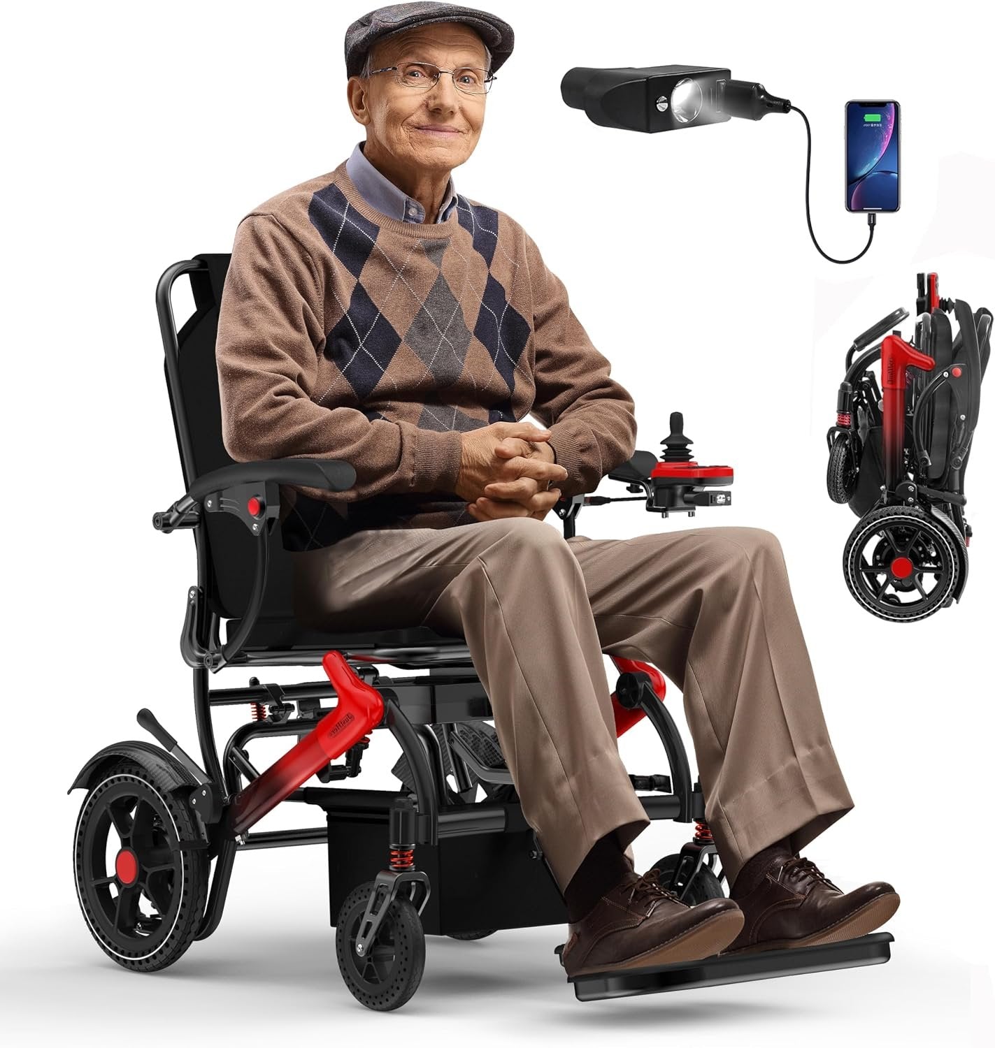 Electric Wheelchairs for Adults Foldable 36LBS Lightweight Frame Airline Approval,15 Miles Range, Max Support 350 LBS, 500W Brushless Motors with LED Light-Silver Color