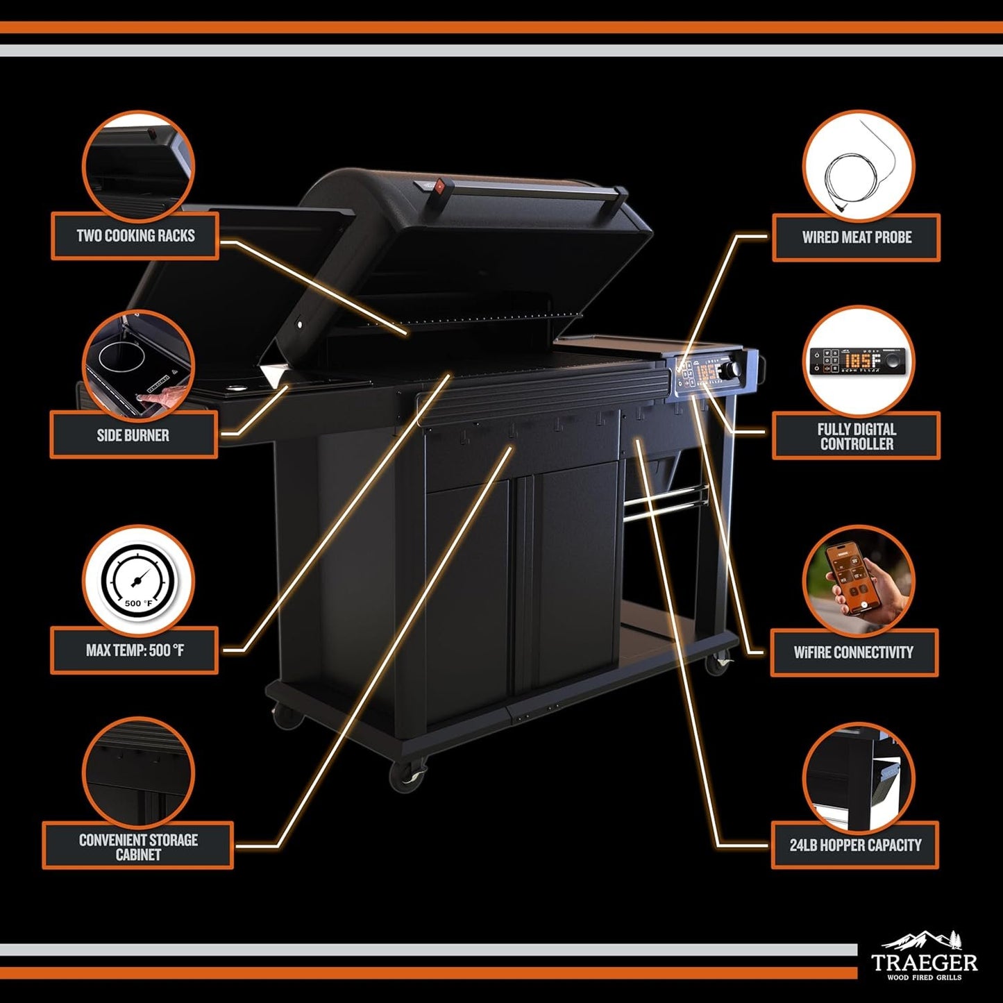 Traeger Woodridge Elite Electric Pellet Grill & Smoker, 970 sq. in., WiFIRE, Side Sear Station