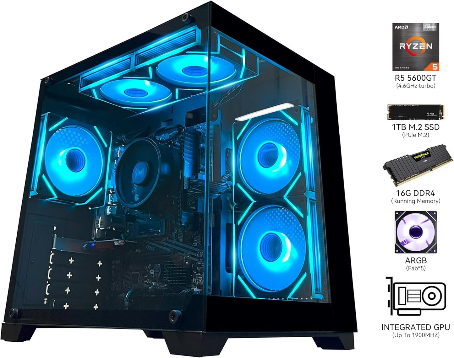 YAWYORE Gaming PC Desktop Computer AMD R5 5600GT 16GB 1TB NVMe Towers WiFi | 16GB DDR4 3200MHz, 1TB M.2 NVMe PCIe, 550W 80PLUS PSU, WiFi BT, Game Design Office Console