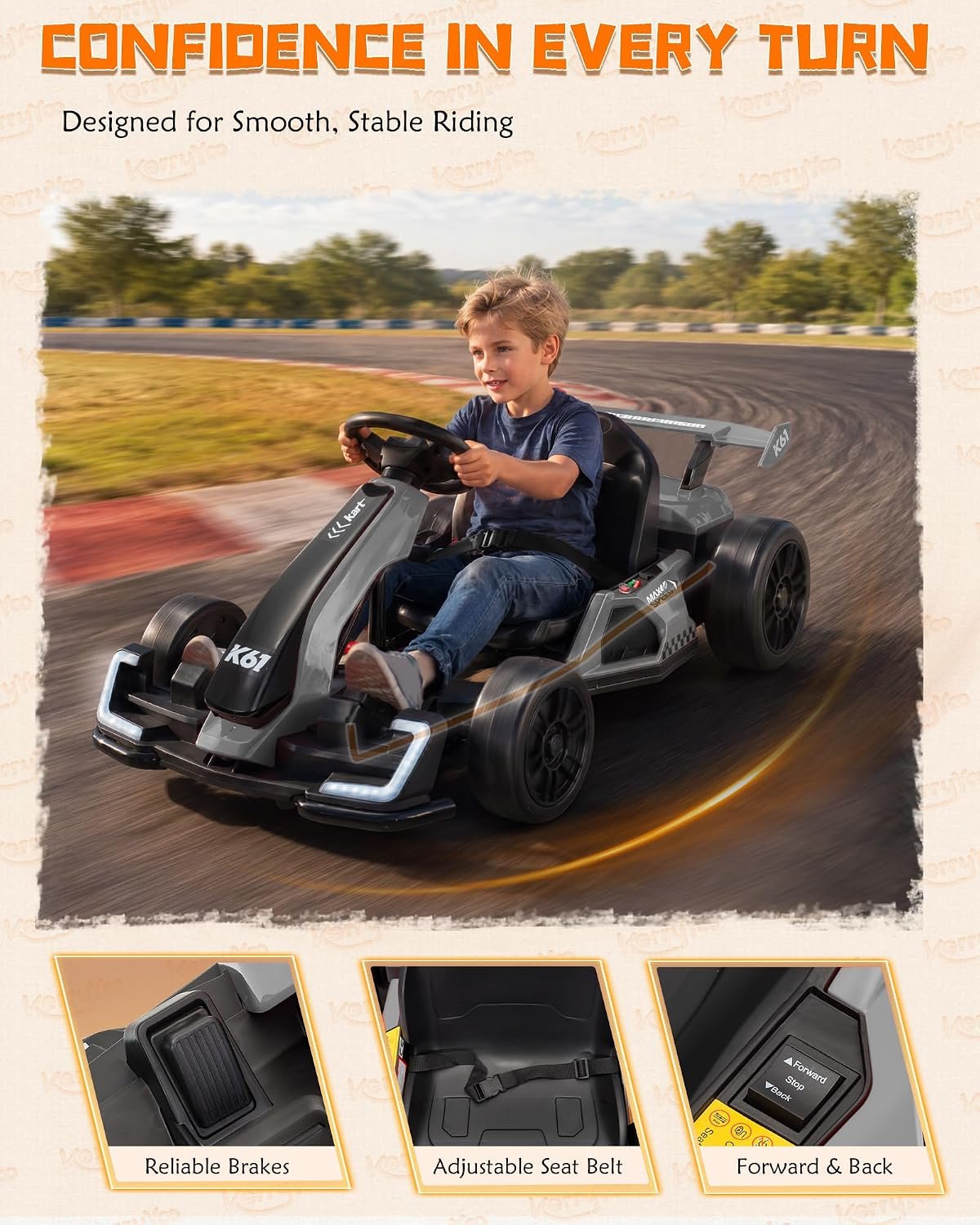KerryYoo K61 Go Kart Electric Drift Kart with Length Adjustable Seat, 24V Outdoor Ride on Toy with 4 Speed Mode, Crazy Kart for Kids 6-12 Years Old, Fast 300W Motor, 8.5 MPH, Bluetooth - Gray