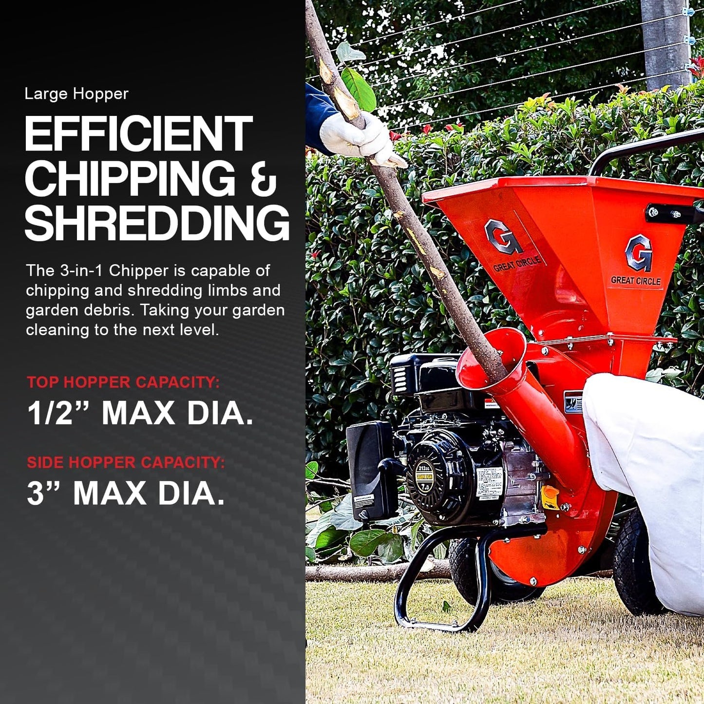 GreatCircleUSA Gas Wood Chipper Shredder Mulcher, 3" Max Diameter, 3-in-1, EPA/CARB Certified