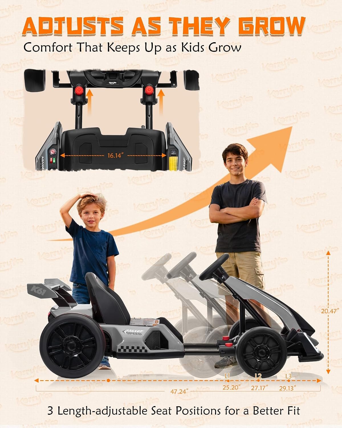 KerryYoo K61 Go Kart Electric Drift Kart with Length Adjustable Seat, 24V Outdoor Ride on Toy with 4 Speed Mode, Crazy Kart for Kids 6-12 Years Old, Fast 300W Motor, 8.5 MPH, Bluetooth - Gray