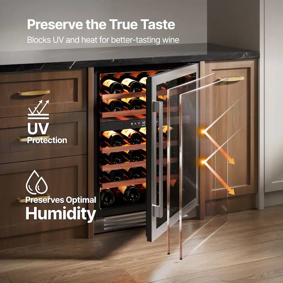 24 Inch Wine Fridge, 52 Bottle Wine Refrigerator, 40-65°F Dual Zone Wine cooler,3 Color LED, Built-in for Home/Bar - Stainless Steel