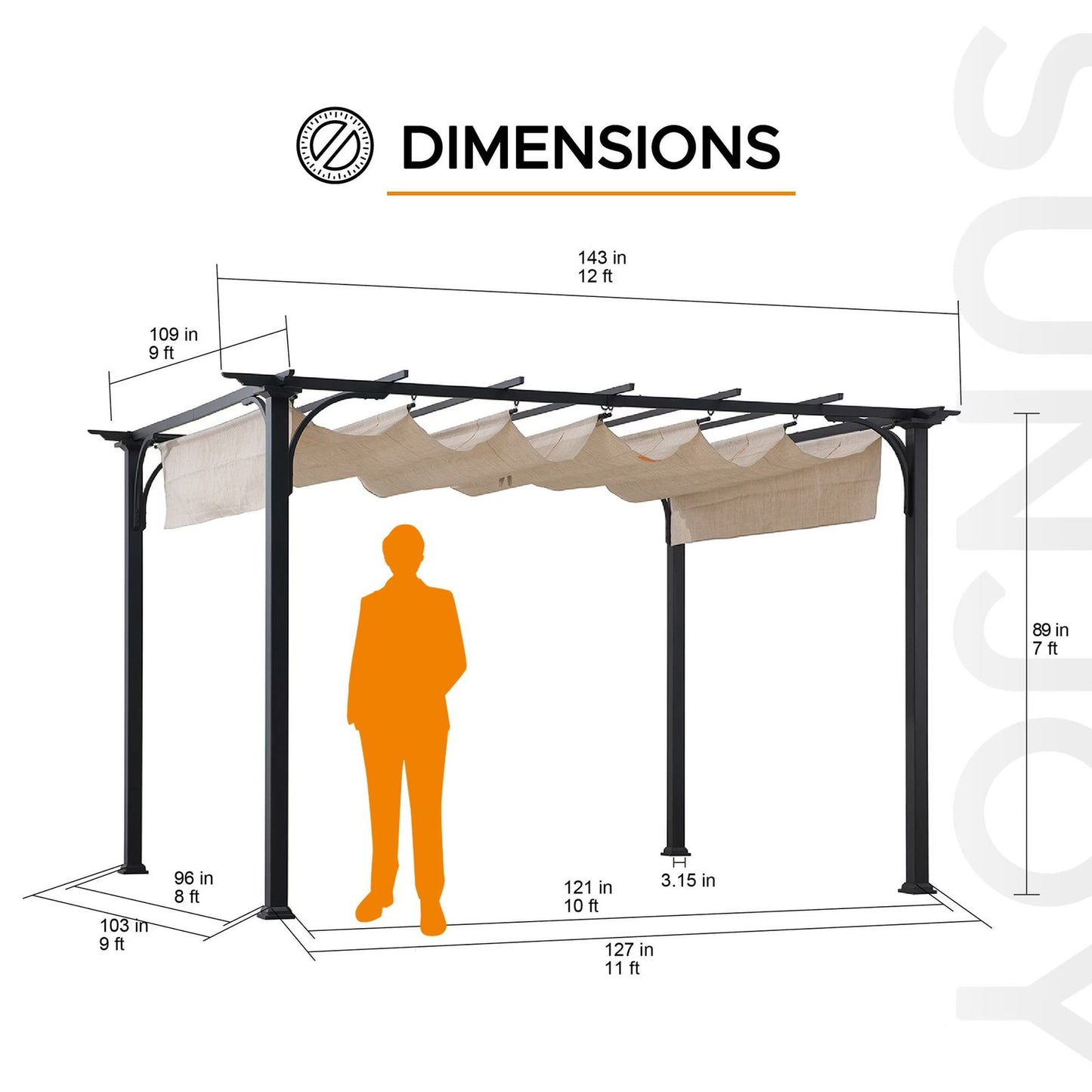 Outdoor Pergola 9 x 12 ft. Patio Black Steel Frame Pergola with Retractable Beige Canopy Shade for Backyard, Garden Activities