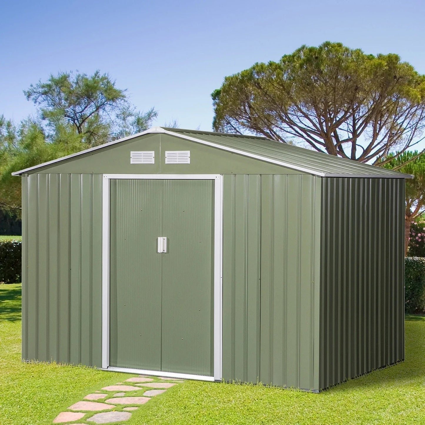 Spacious 9′ x 6′ Outdoor Storage Shed with Foundation, Sliding Doors, and Vents – Green