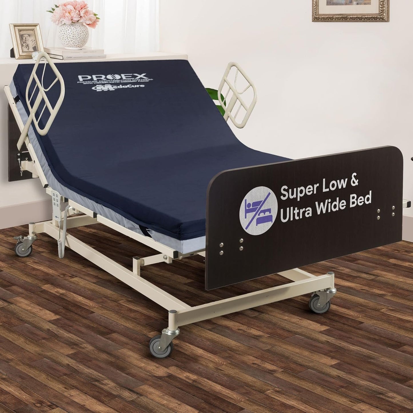 Ultra Wide Adjustable Hospital Bed With 48" Foam Mattress - 14"-30" Height Range, 36”-42”-48” Width Range, 80”-88” Length Range - Full Electric Bariatric Medical Bed, 8 Function Hand Pendant -Mahogany