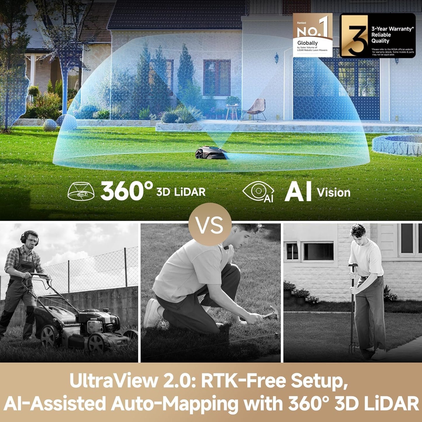 MOVA LiDAX Ultra 1000 Robot Lawn Mower Wire Free with Garage for 1/4 Acre, RTK-Free+360° 3D LiDAR+AI Vision Mapping, Zero-Edge Cutting, Cutting Height 1.2"-3.9", 45% Slope, 150 Managed Zones Dual Maps