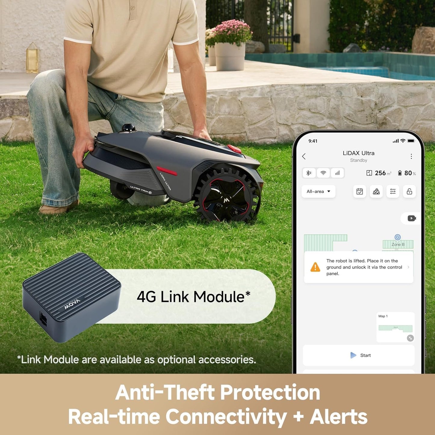 MOVA LiDAX Ultra 1000 Robot Lawn Mower Wire Free for 1/4 Acre, RTK-Free+360° 3D LiDAR+AI Vision Auto Mapping, Zero-Edge Cutting, Cutting Height 1.2"-3.9", 45% Slope, Up to 150 Managed Zones Dual Maps