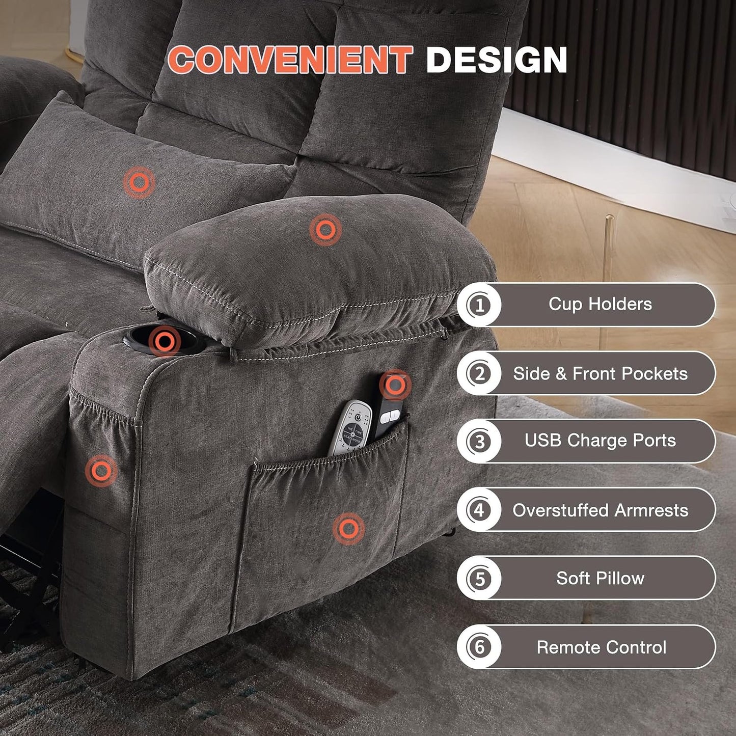 MAHOMICO Power Lift Recliner Chair for Elderly with Vibration Massage and Lumbar Heating, Electric Lift Recliner Single Sofa with Side Pocket, Two Cup Holders and USB Charge Port for Living Room