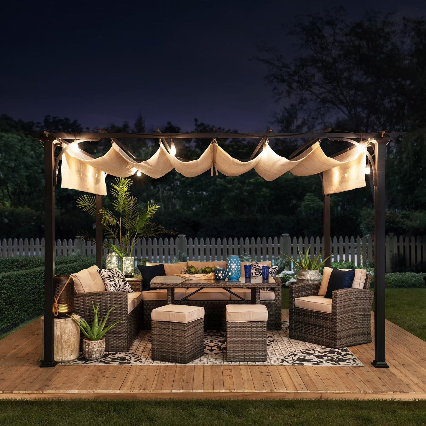 Outdoor Pergola 9 x 12 ft. Patio Black Steel Frame Pergola with Retractable Beige Canopy Shade for Backyard, Garden Activities