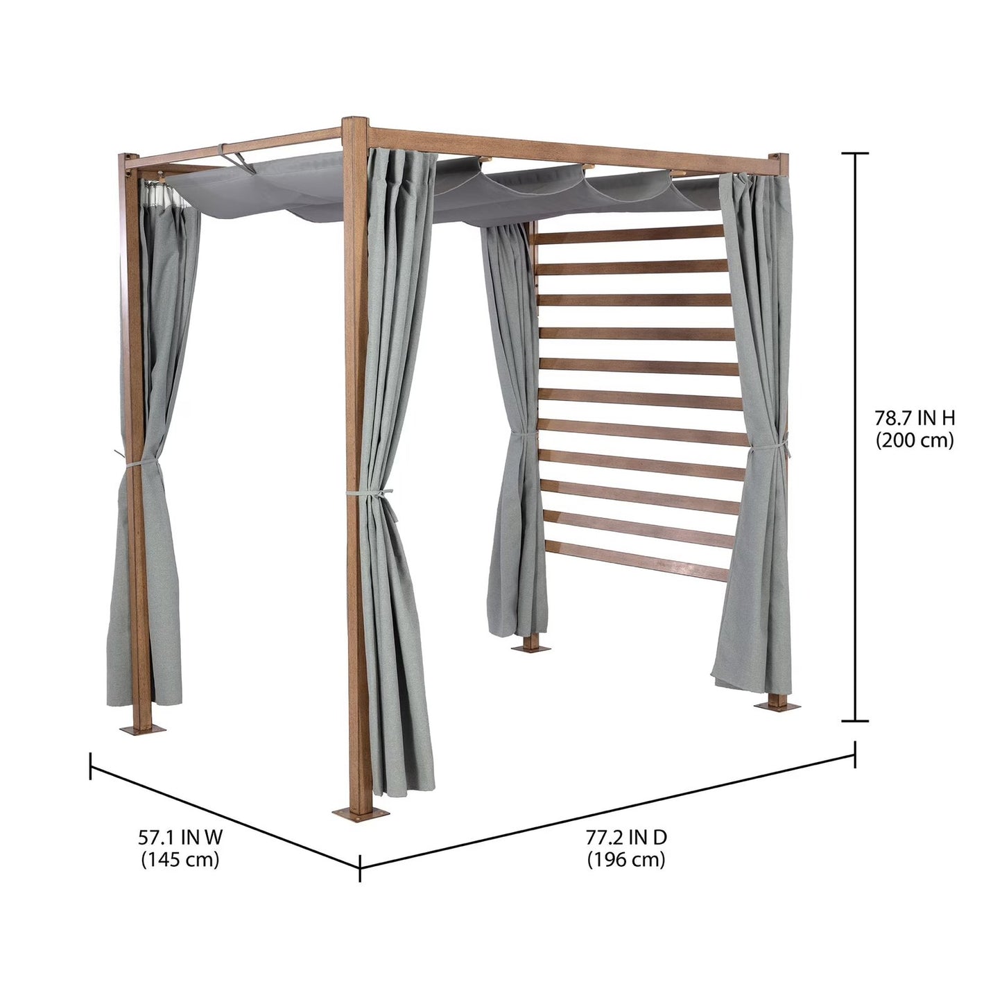 Marlow Pergola with Retractable Curtains and Faux Wood Finish, Grey