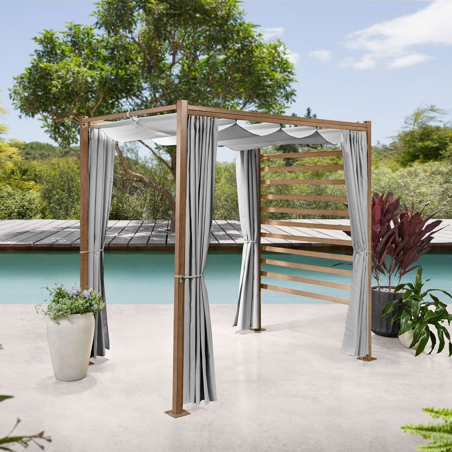 Marlow Pergola with Retractable Curtains and Faux Wood Finish, Grey