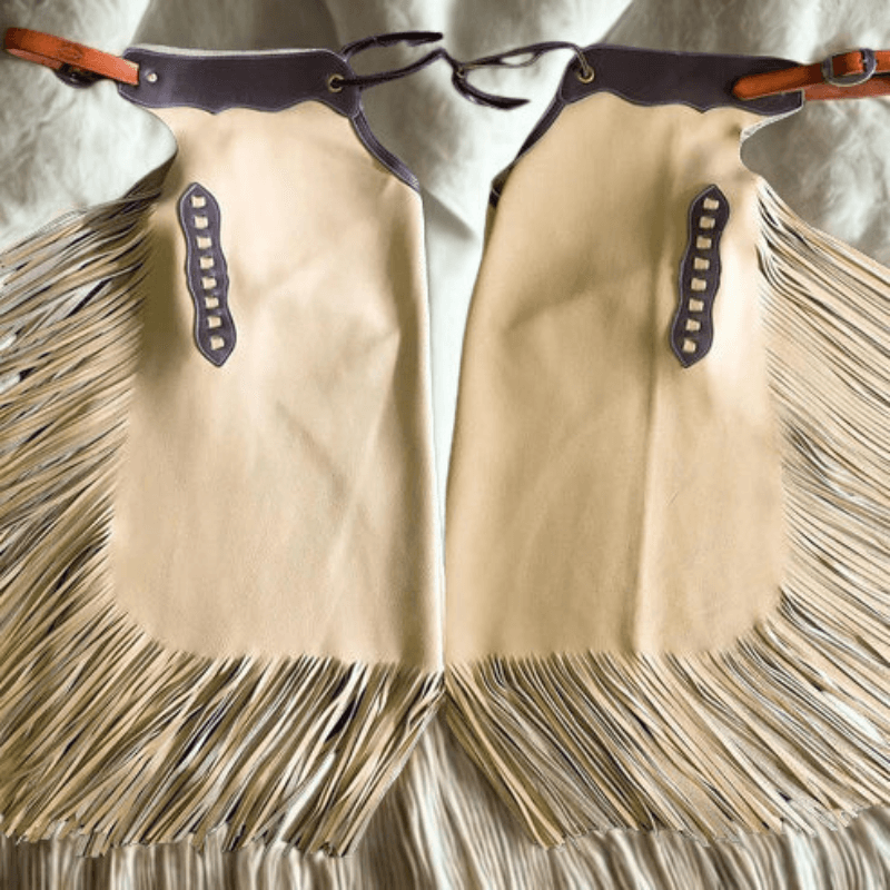 Beige Leather Cowboy Shotgun Chaps with Dark Accent