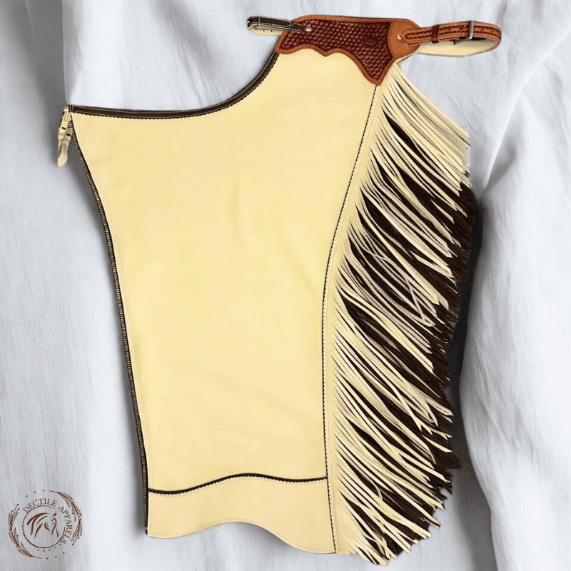 Custom Cream Leather Fringe Chink Chaps with Tooled Yoke