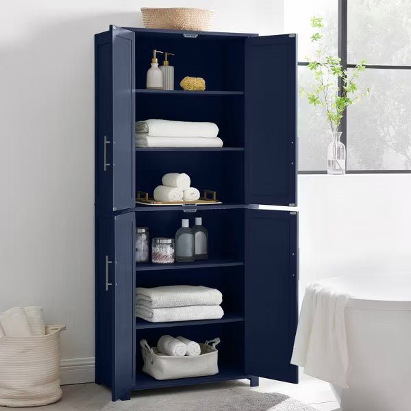 Tall Kitchen Storage Pantry Navy: Traditional Farmhouse Design, Wood Veneer, MDF Frame, 3 Adjustable Shelves