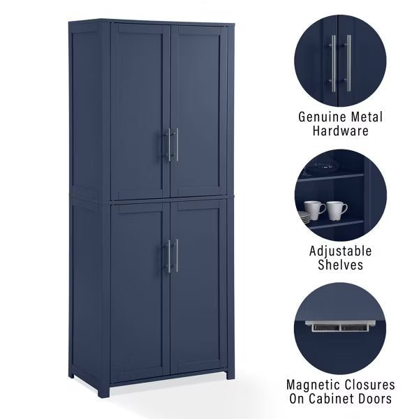 Tall Kitchen Storage Pantry Navy: Traditional Farmhouse Design, Wood Veneer, MDF Frame, 3 Adjustable Shelves
