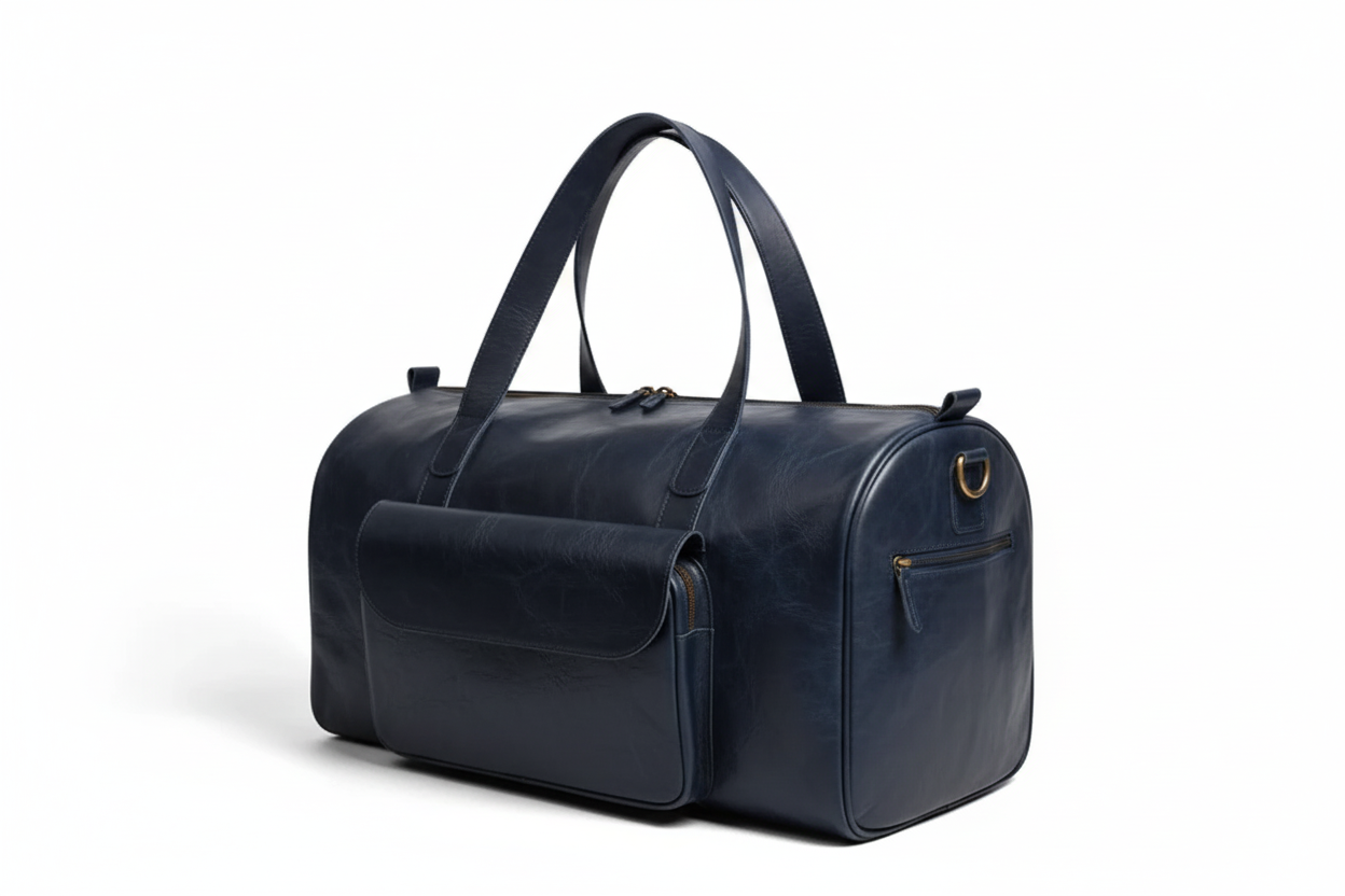 Premium Navy Leather Duffel Weekender Travel Bag