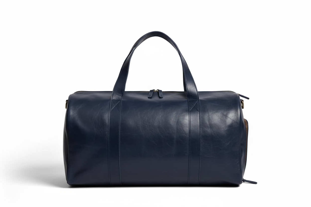Premium Navy Leather Duffel Weekender Travel Bag