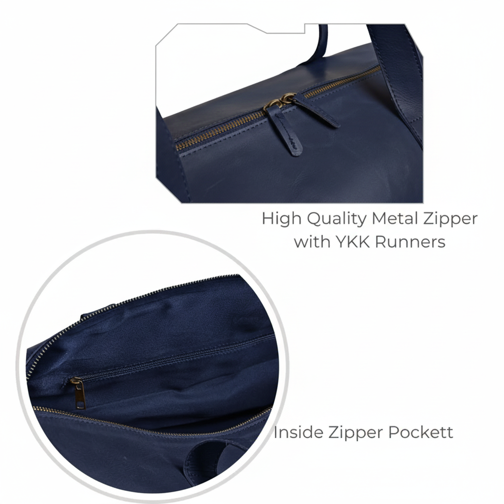Premium Navy Leather Duffel Weekender Travel Bag