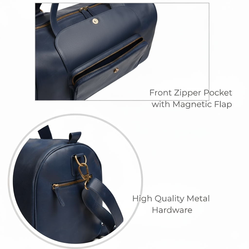 Premium Navy Leather Duffel Weekender Travel Bag