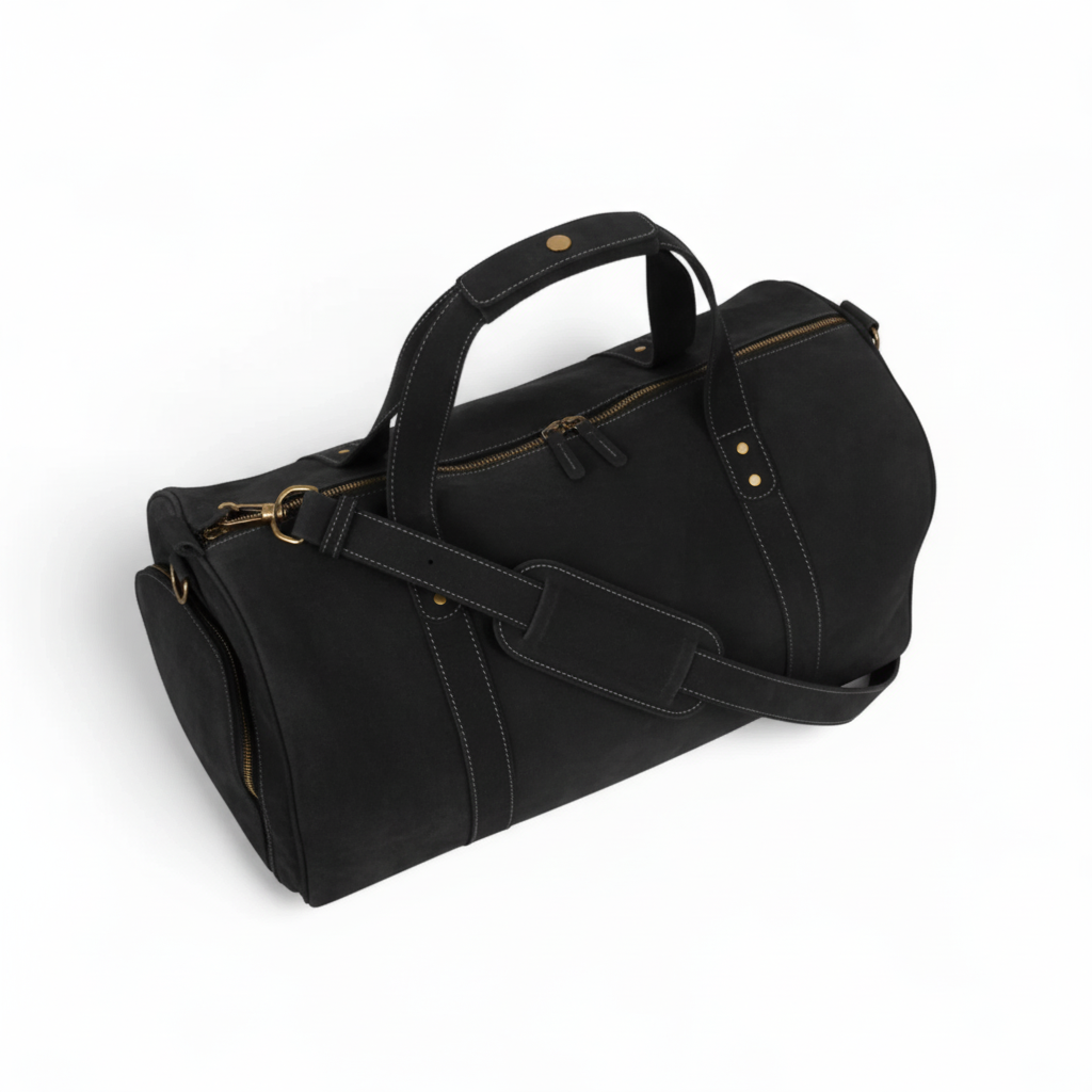 Black Leather Duffel Bag Premium Travel & Gym Holdall with Shoe Compartment