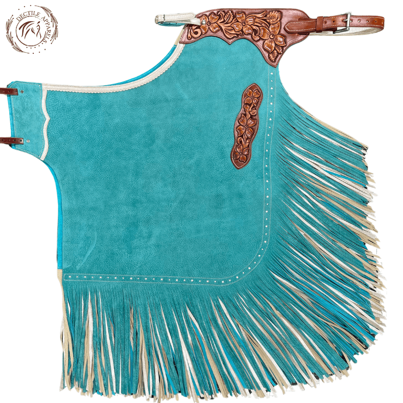Turquoise Suede Chink Chaps with Tan Fringe