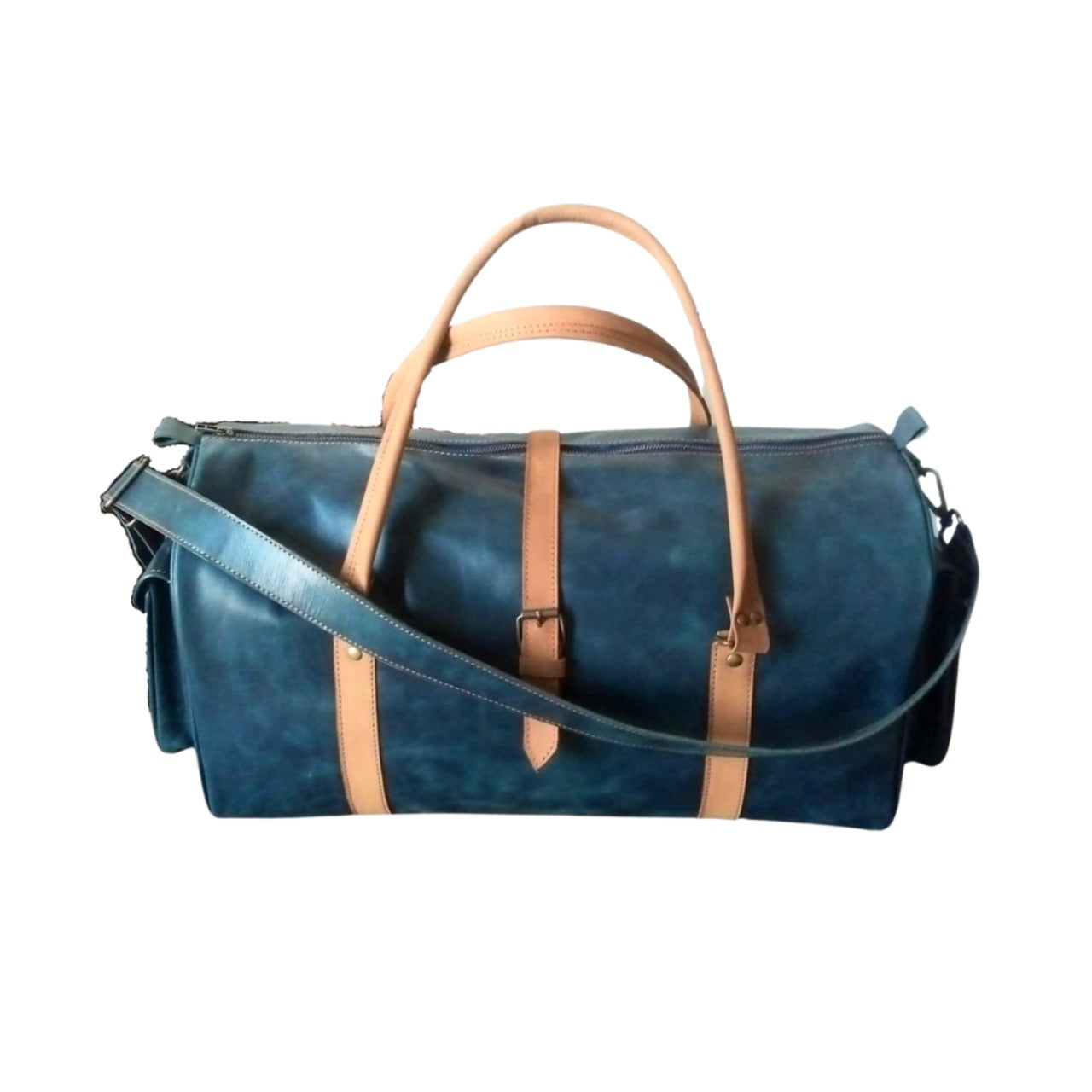 Navy Leather Duffel Bag weekender Premium Cow Pull-Up Travel Holdall