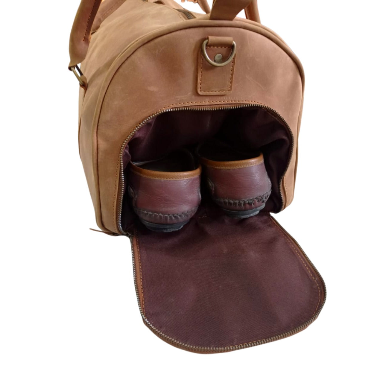 Tan Leather Duffel Bag with Shoe Compartment Gym Premium Travel Holdall