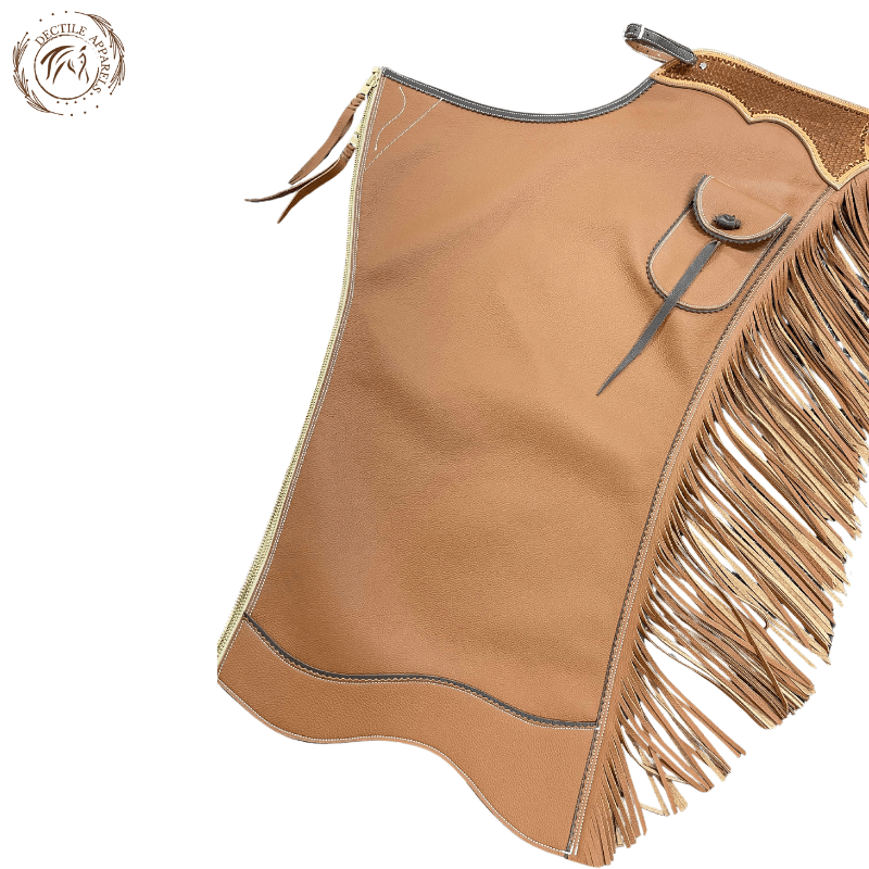 Tan Leather Fringe Chink Chaps with Pocket