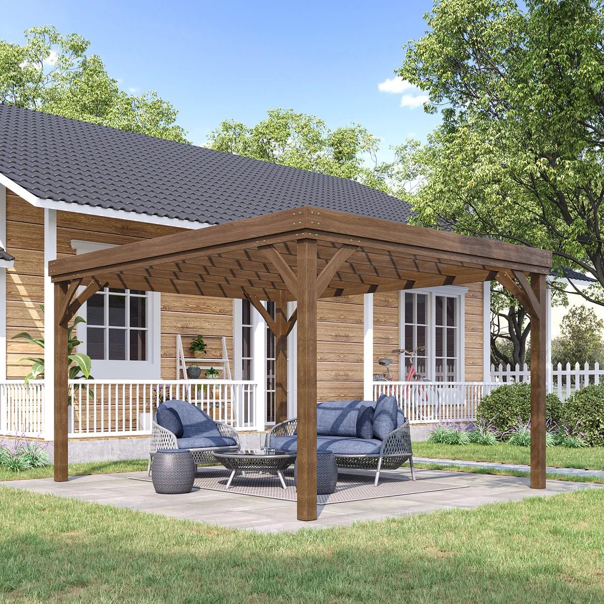 10' x 12' Outdoor Pergola, Wood Gazebo Grape Trellis with Concrete Anchors for Climbing Plant Support at Garden, Patio, Backyard, Deck, Brown