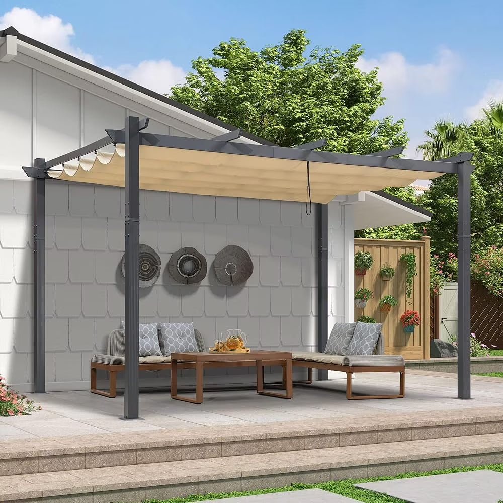 Pergola 9.5' X 13' Outdoor Retractable Pergola Against The Wall with Sun Shade Canopy Aluminum Patio Pergola for Porch Garden Yard