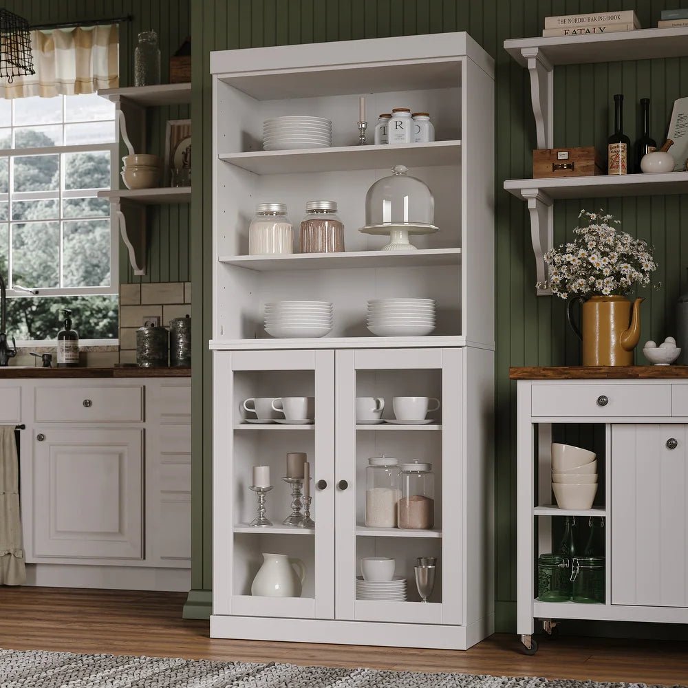 Solid Wood Tall Pantry Cabinet, 32" W x 71.5" H - Sage - Clear Glass