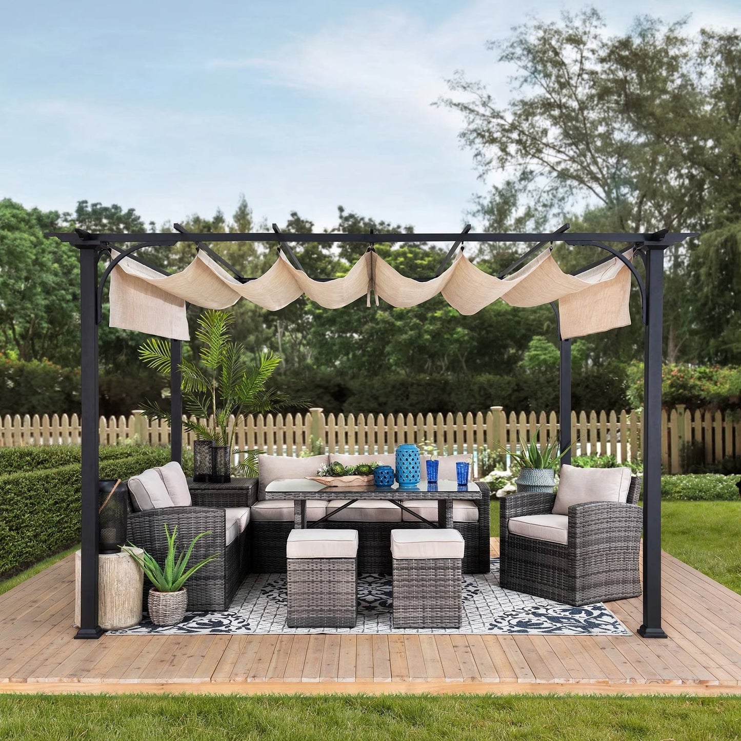 Outdoor Pergola 9 x 12 ft. Patio Black Steel Frame Pergola with Retractable Beige Canopy Shade for Backyard, Garden Activities